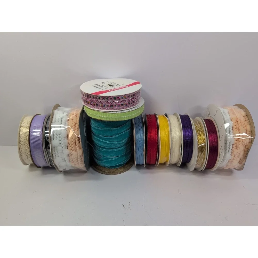 15 Spools Of  Ribbon Lot Purple Crochet Beaded Velvet Etc